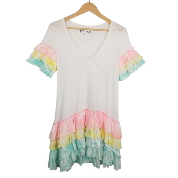 Pitusa Women's Ruffle Shirt Dress Cover Up White Rainbow One Size - Picture 1 of 4